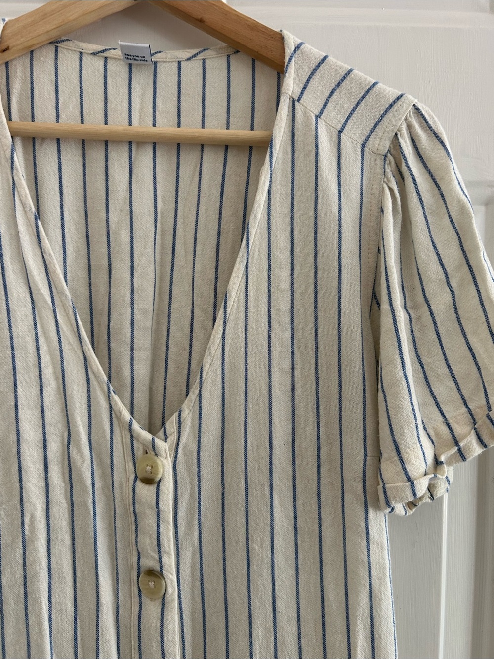 Old Navy Cream Midi Dress with Blue Pinstripes - Picture 2 of 4